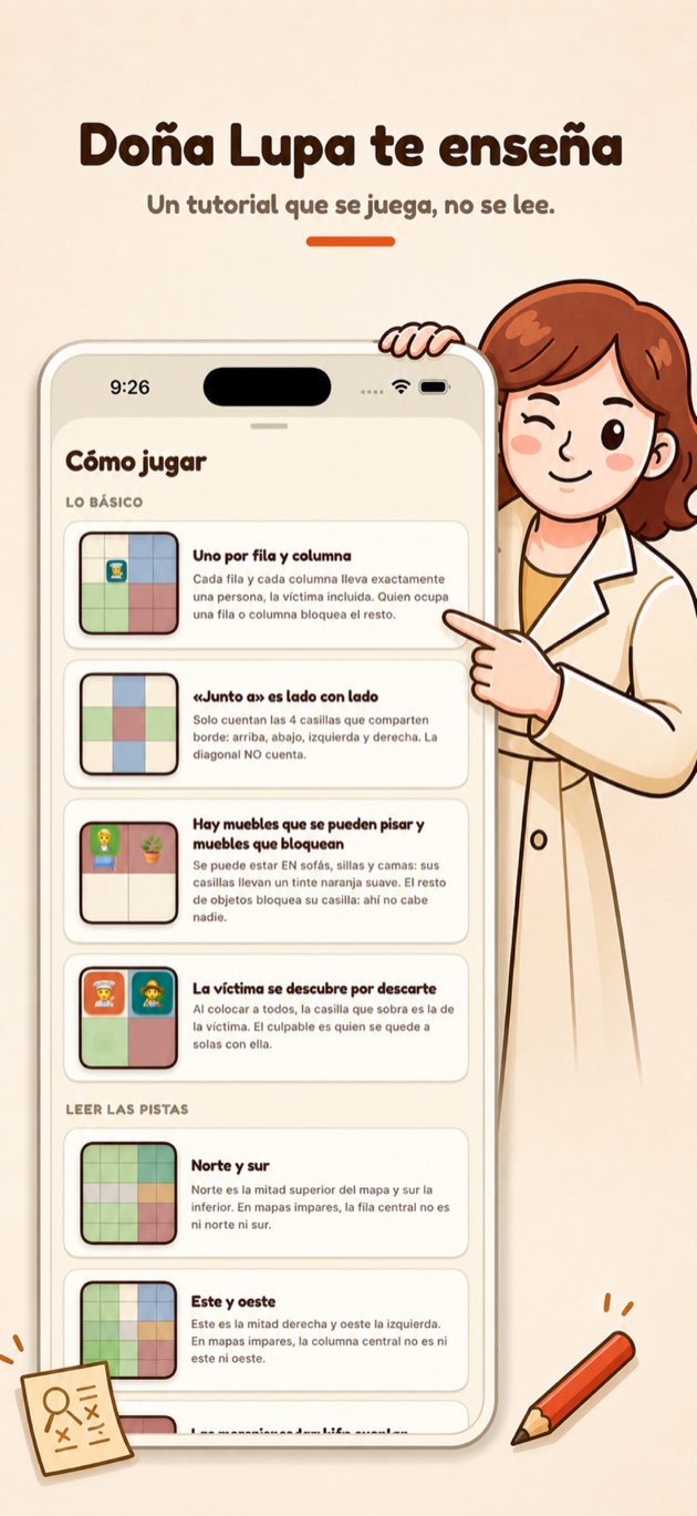 Tutorial interactivo de Doña Lupa sobre filas, columnas, zonas y pistas