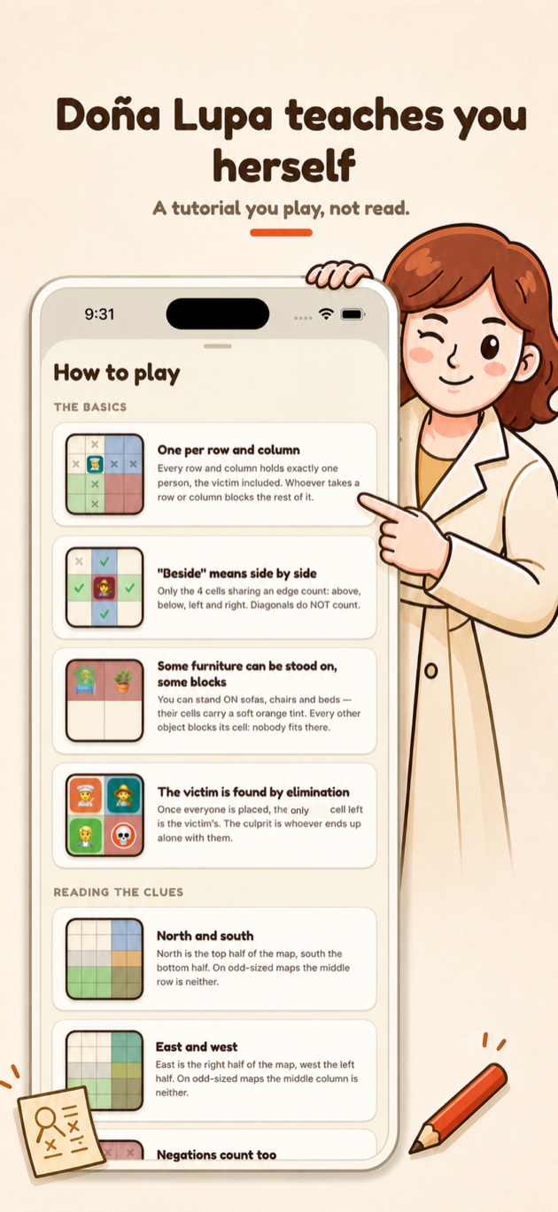 Doña Lupa interactive tutorial explaining rows, columns, zones and clues